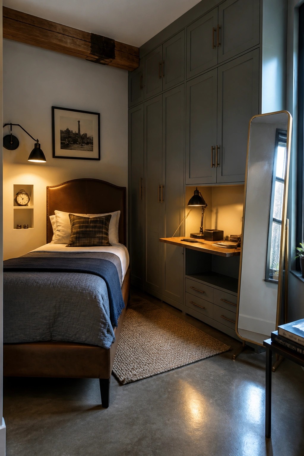 A small bedroom featuring a brown leather bed, tall gray built-in cabinets with an integrated wooden desk, a full-length mirror, and a woven rug on a concrete floor.