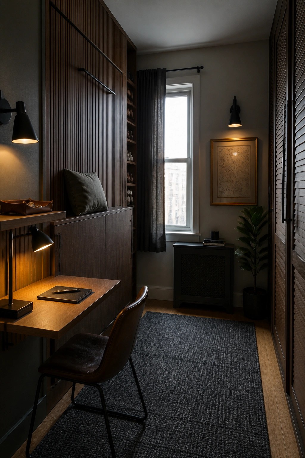 A narrow bedroom interior showing a wooden wall-mounted desk with a brown leather chair, built-in dark wood cabinetry with vertical slats, a window with gray curtains, and a dark rug on the floor.