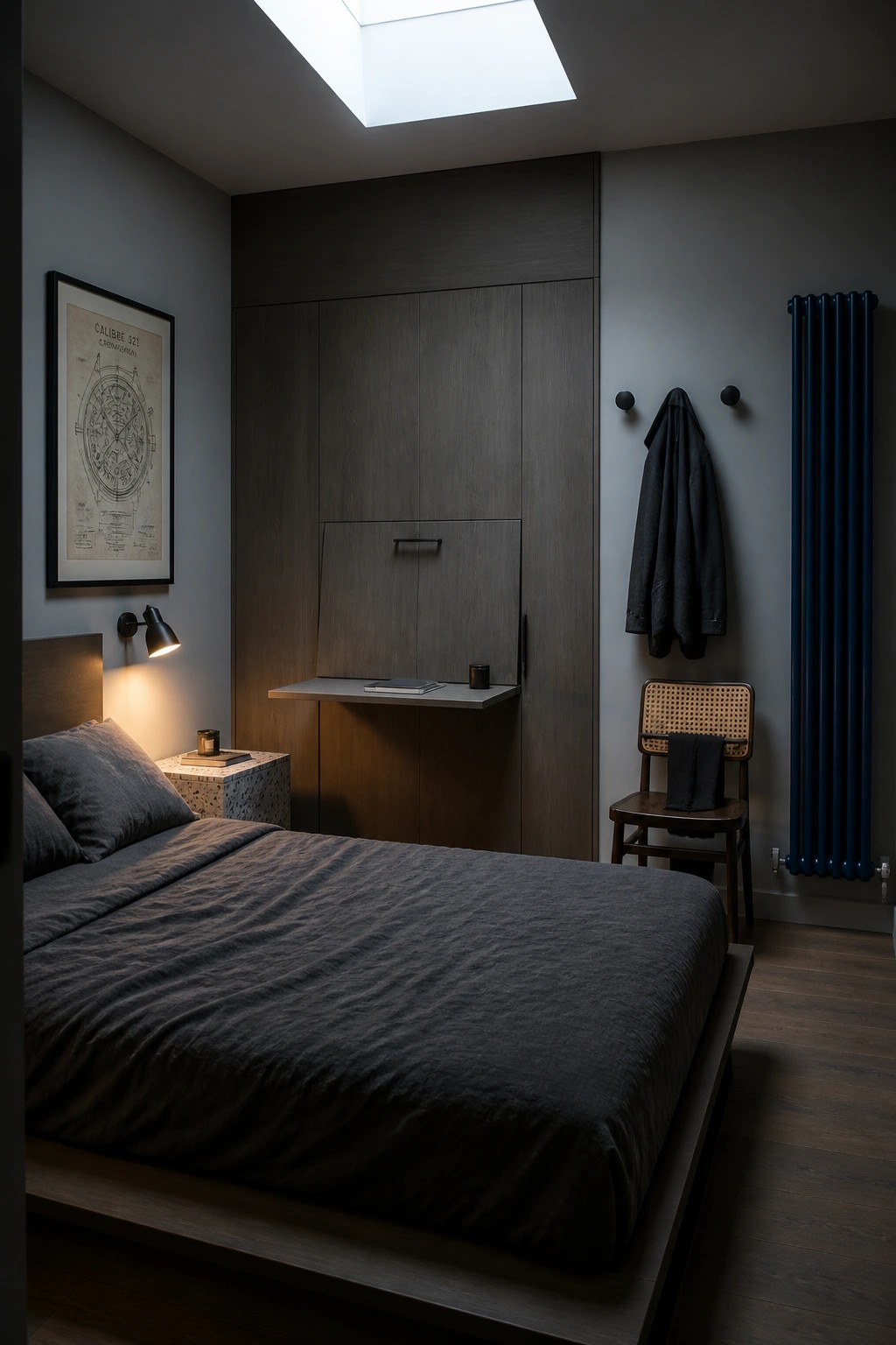 A small bedroom featuring a wooden built-in wardrobe with a fold-down desk, a bed with gray bedding, a wall sconce, and a chair beside a blue radiator.