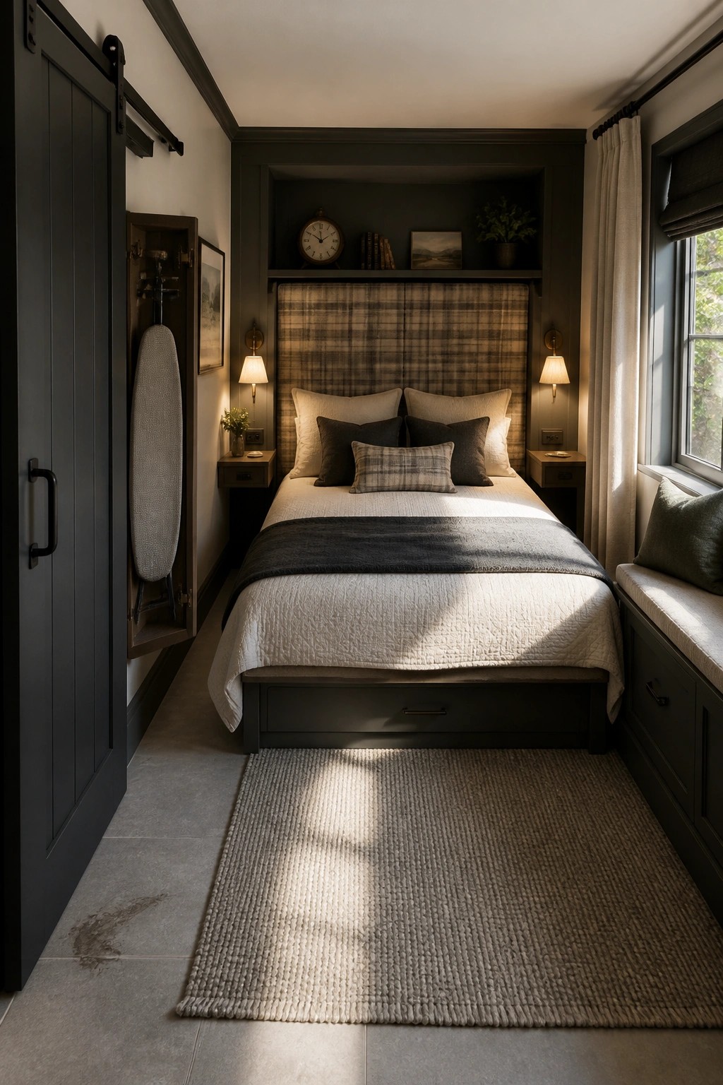 Cozy dark bedroom with plaid headboard, white bedding, rug, and window seat