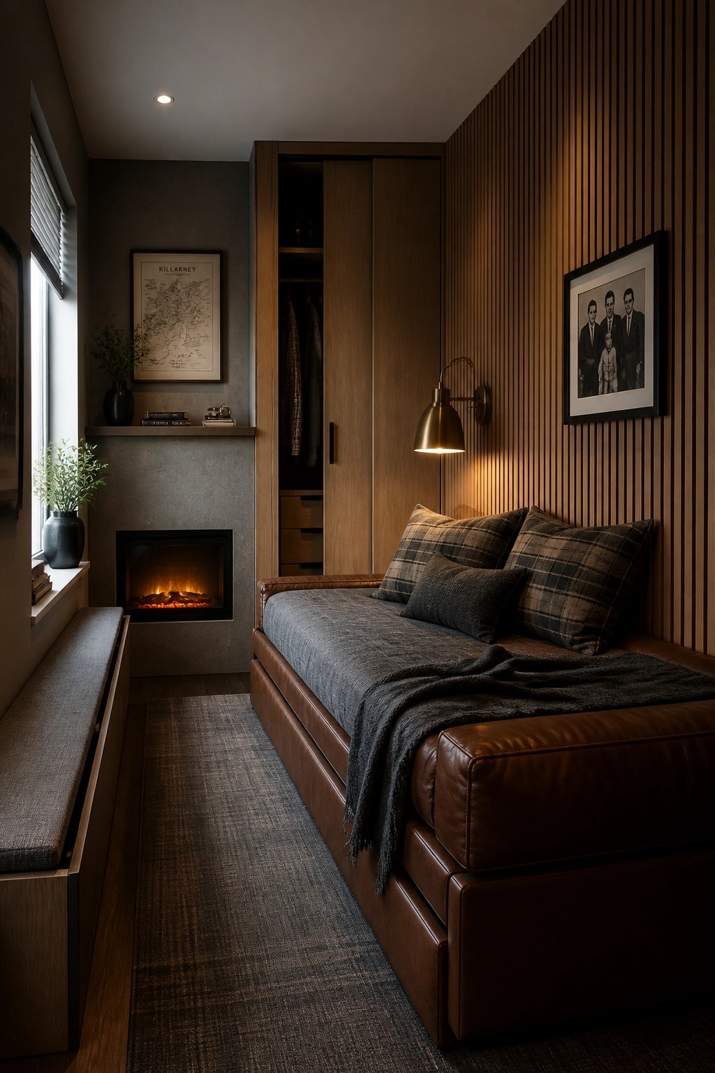 A narrow bedroom with a brown leather daybed, plaid pillows, a built-in wooden wardrobe, and an electric fireplace set into a gray wall.