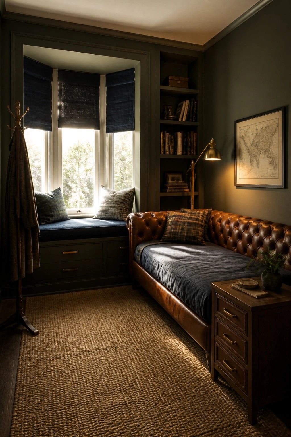 A compact bedroom with a brown leather daybed positioned next to a built-in window seat with blue cushions, dark green walls, and a tall bookshelf unit.