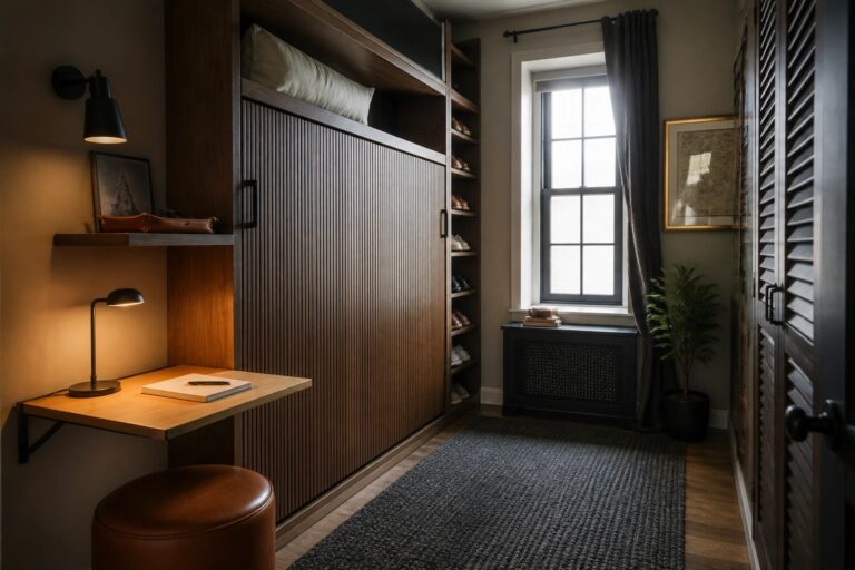 20 Smart Small Gentleman Bedroom Ideas That Maximize Every Inch A narrow bedroom interior showing a wooden wall-mounted desk with a brown leather chair, built-in dark wood cabinetry with vertical slats, a window with gray curtains, and a dark rug on the floor.