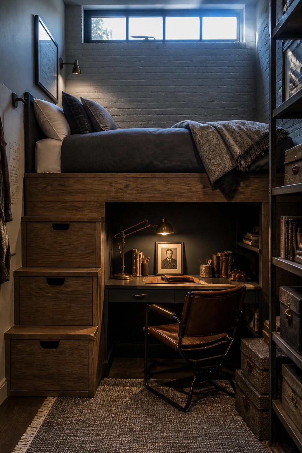 Loft bed above desk with leather chair, lamp, and books in cozy nook