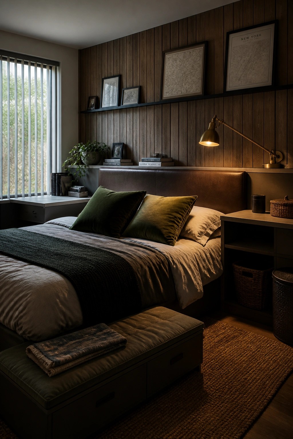 A small bedroom with a bed against a dark wood wall, leather headboard, green and beige pillows, a storage bench at the foot of the bed holding a folded blanket, a floating shelf with books and framed art, and a window with vertical blinds.