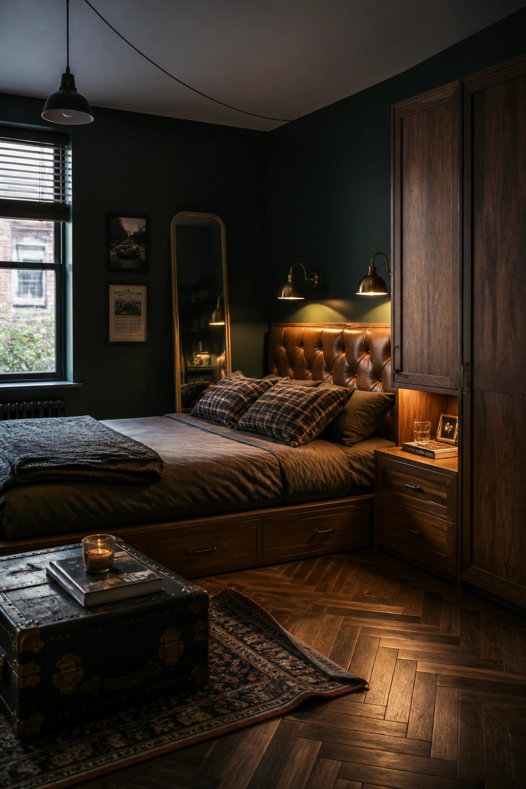 A small bedroom with dark green walls, a wooden bed frame with under-bed storage drawers, a brown tufted headboard, a tall wooden wardrobe, and a vintage trunk on a rug.