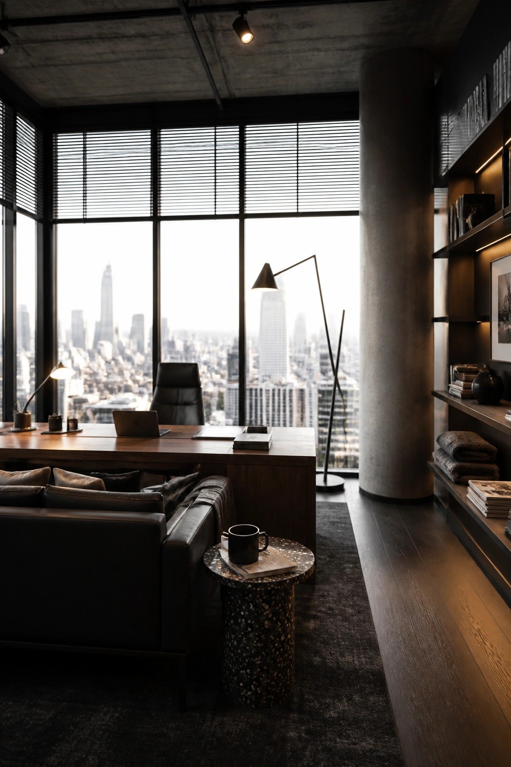 A home office featuring a large wooden desk positioned in front of floor-to-ceiling windows with city views, a black leather sofa in the foreground, and dark built-in shelving on the right.