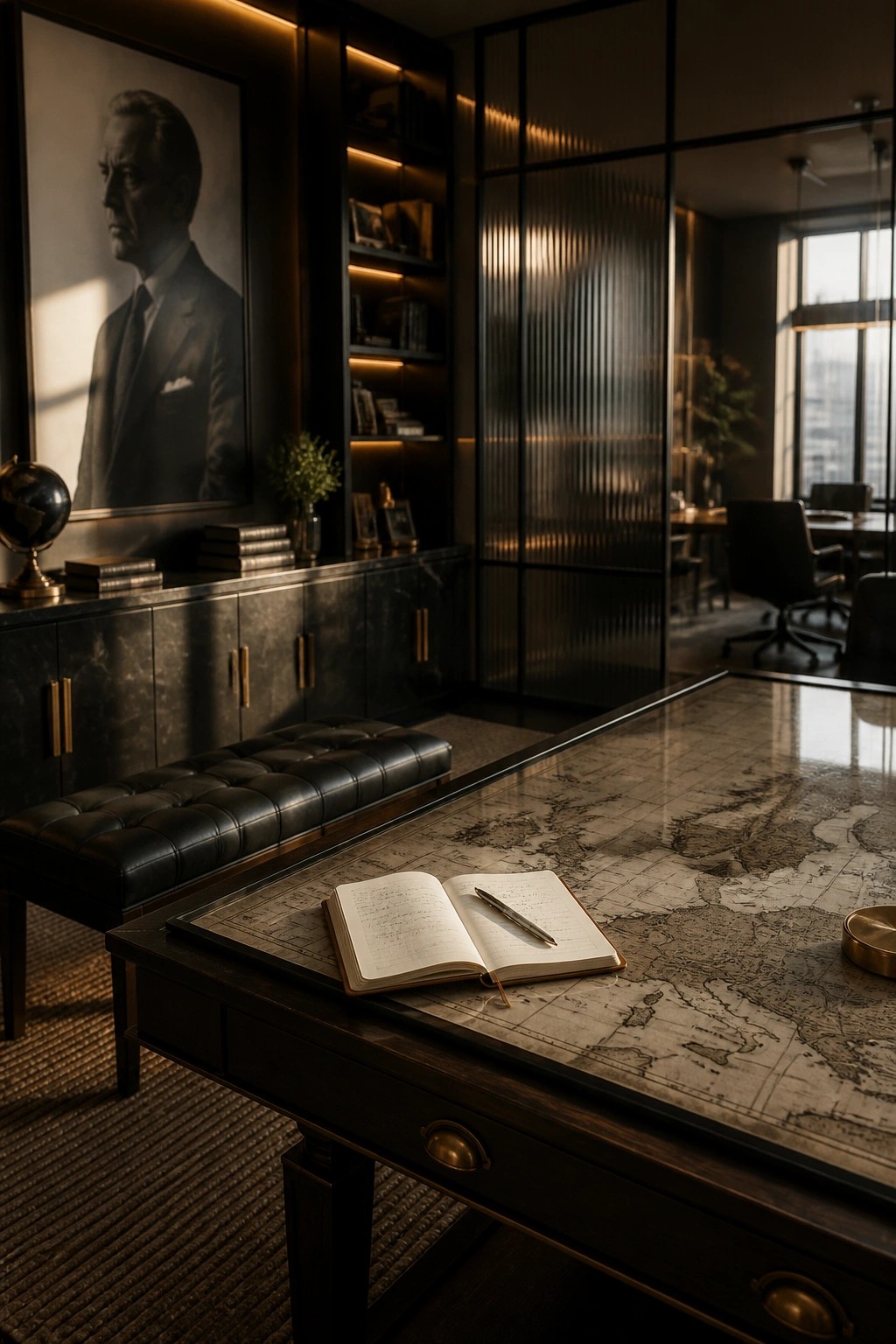 A dark wooden desk with a vintage world map surface holds an open notebook and pen in a masculine home office with built in shelves, a tufted leather bench, and a large framed portrait on the wall.