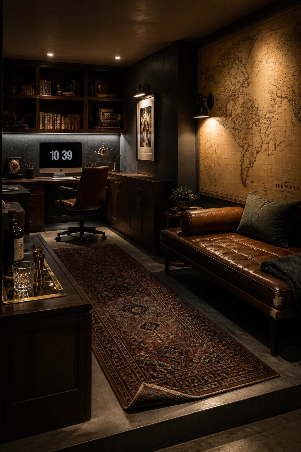 A dimly lit masculine home office with dark wood built-ins, a brown leather sofa, and a large vintage world map covering one wall.