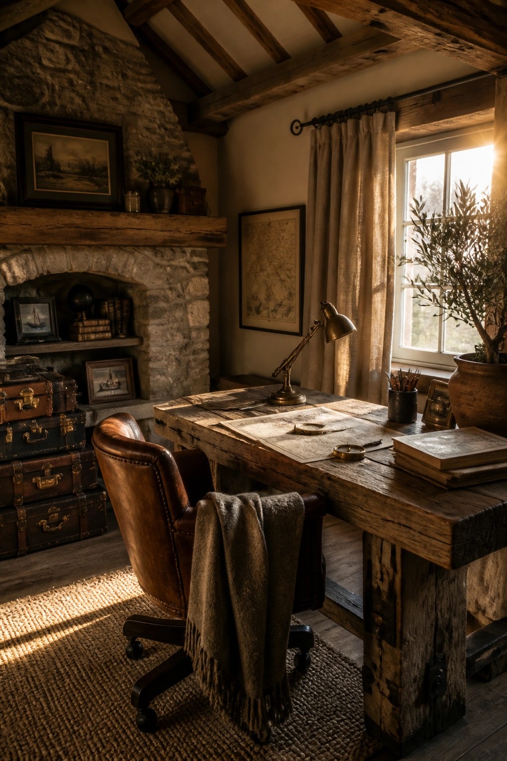 A rustic home office with a large wooden desk, brown leather chair, stone fireplace, and vintage trunks stacked nearby.