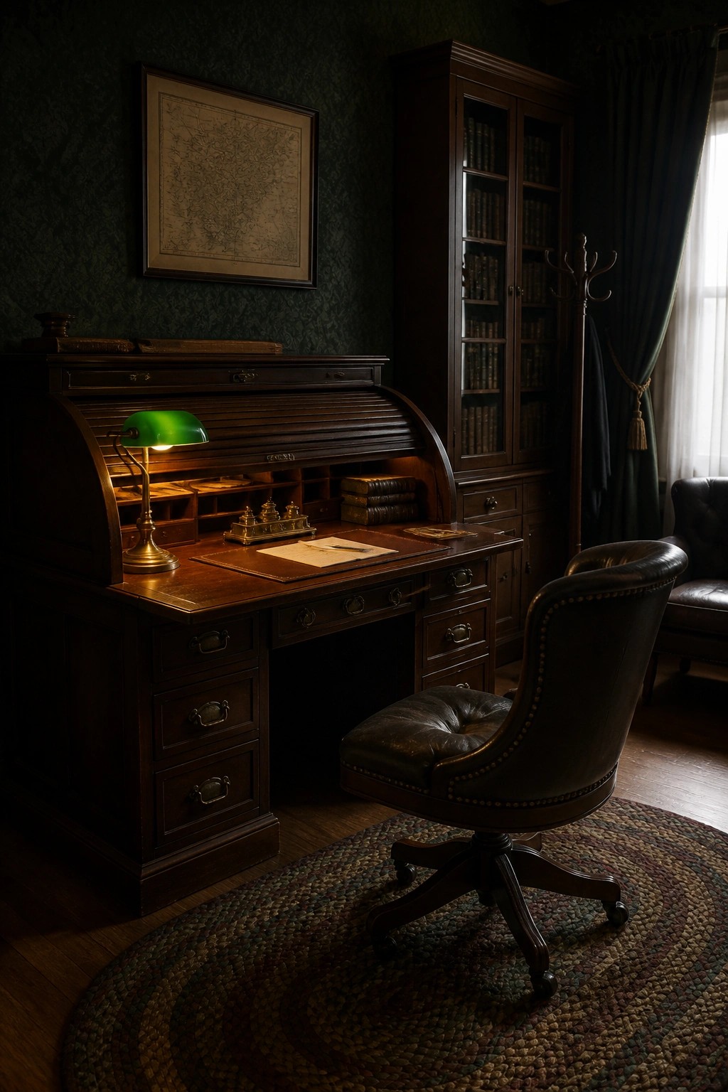 A dark wooden roll-top desk with an open top, green banker's lamp, and leather office chair in a dimly lit room with a bookcase nearby.