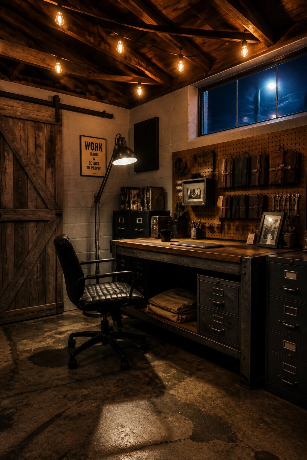 A home office with a large wooden workbench desk, black leather chair, pegboard storage wall, and string lights overhead.