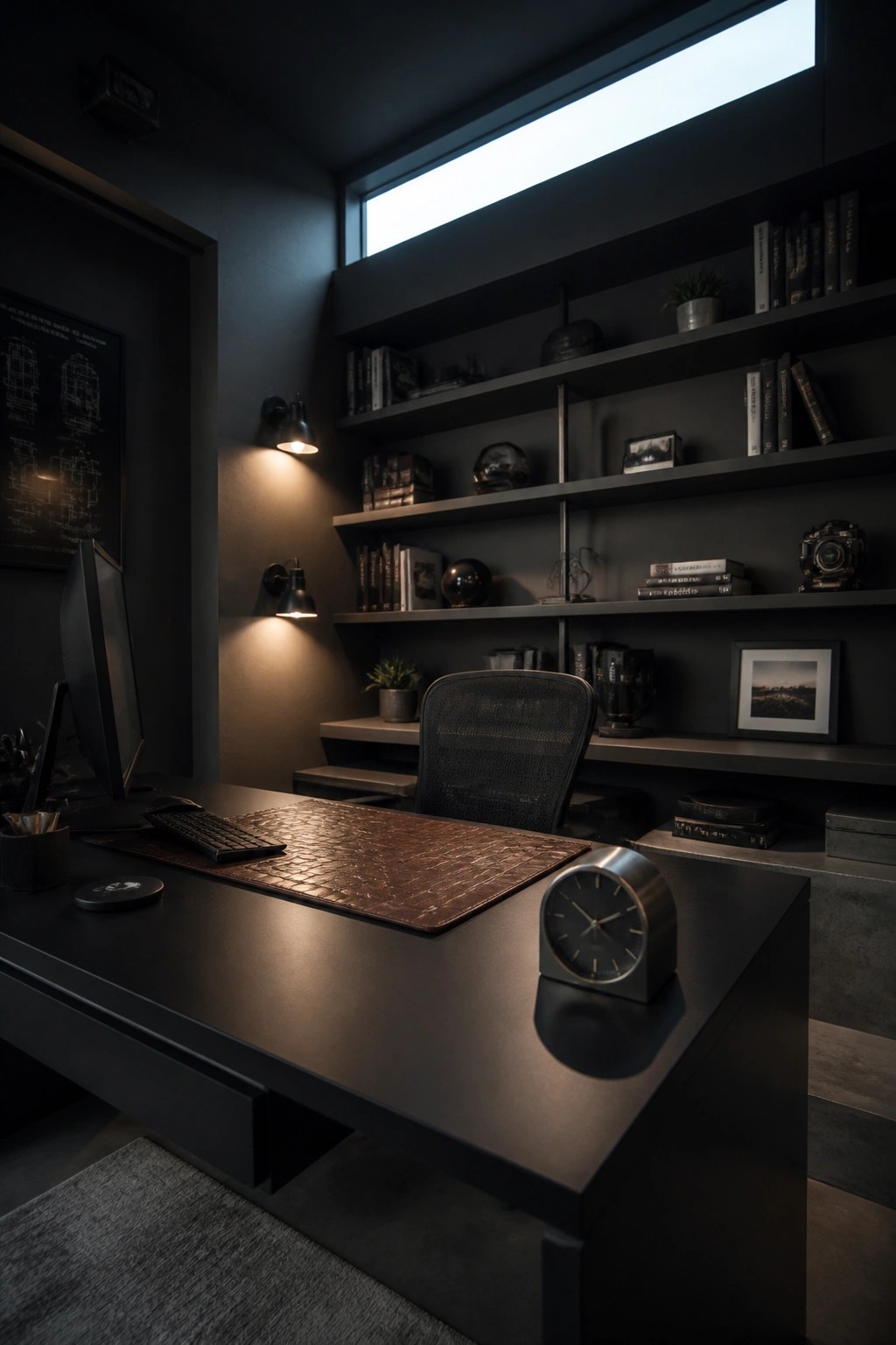 A dark masculine home office featuring a large desk with a leather mat, computer setup, mesh chair, and built-in gray shelves filled with books and objects beneath a horizontal window.