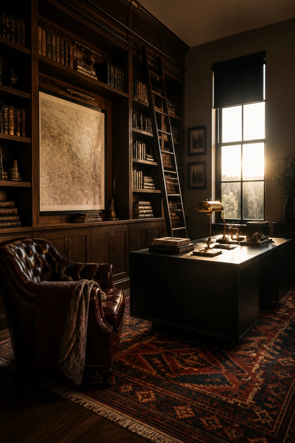 A home office featuring dark wood built-in bookshelves filled with books, a rolling ladder, a leather armchair, and a large desk positioned in front of a window.