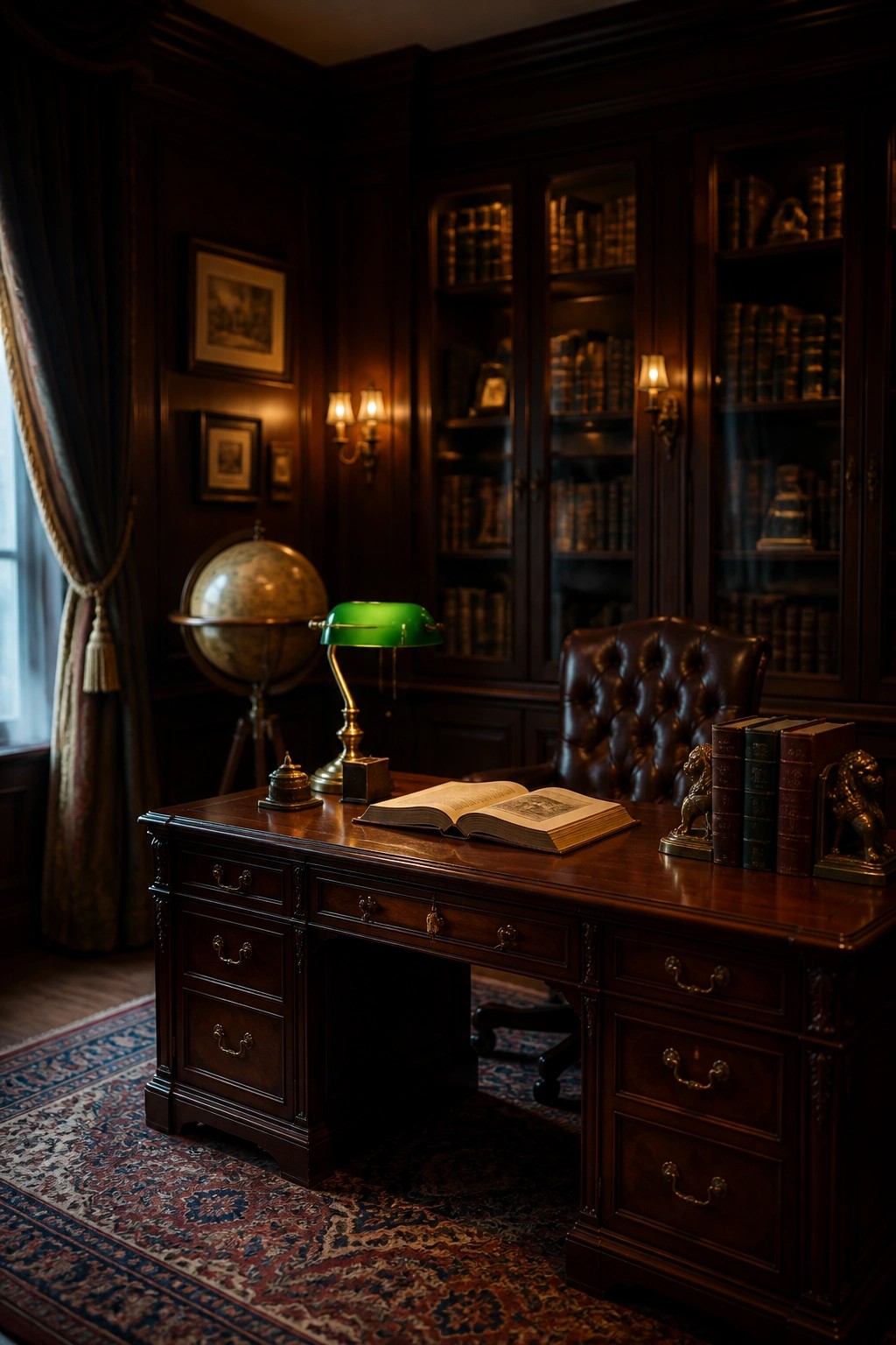 A dark wood home office with a large traditional desk holding an open book under a green lamp, a brown leather chair, and built-in bookshelves filled with books.
