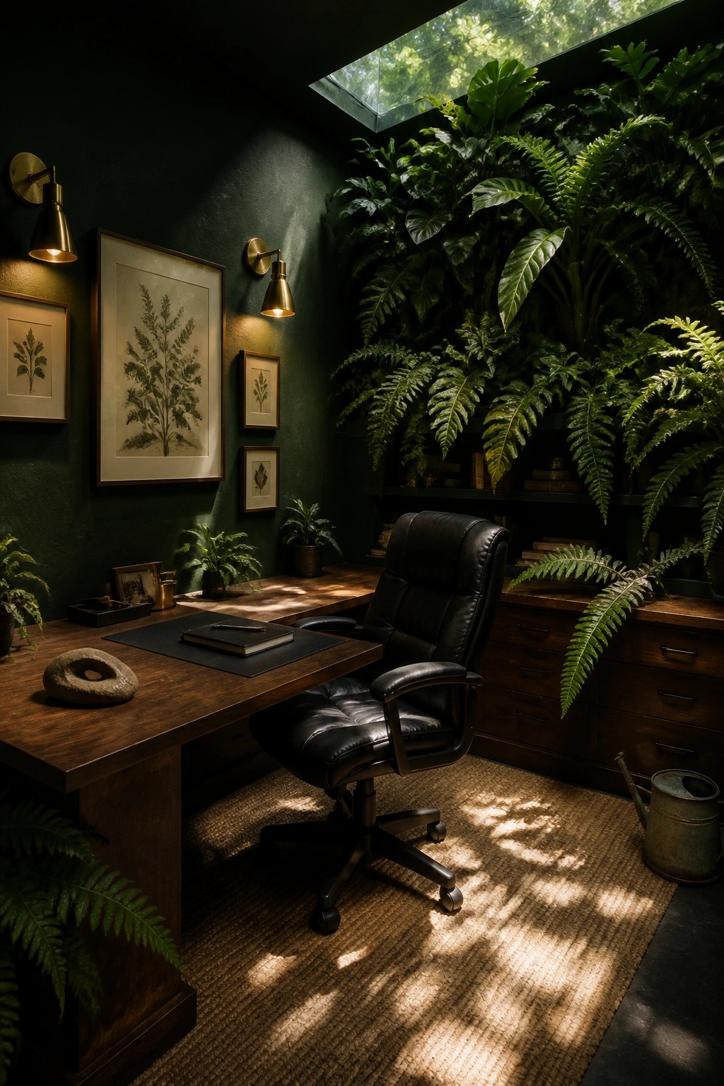 Dark green office with wooden desk, black leather chair, botanicals, and lush plants.