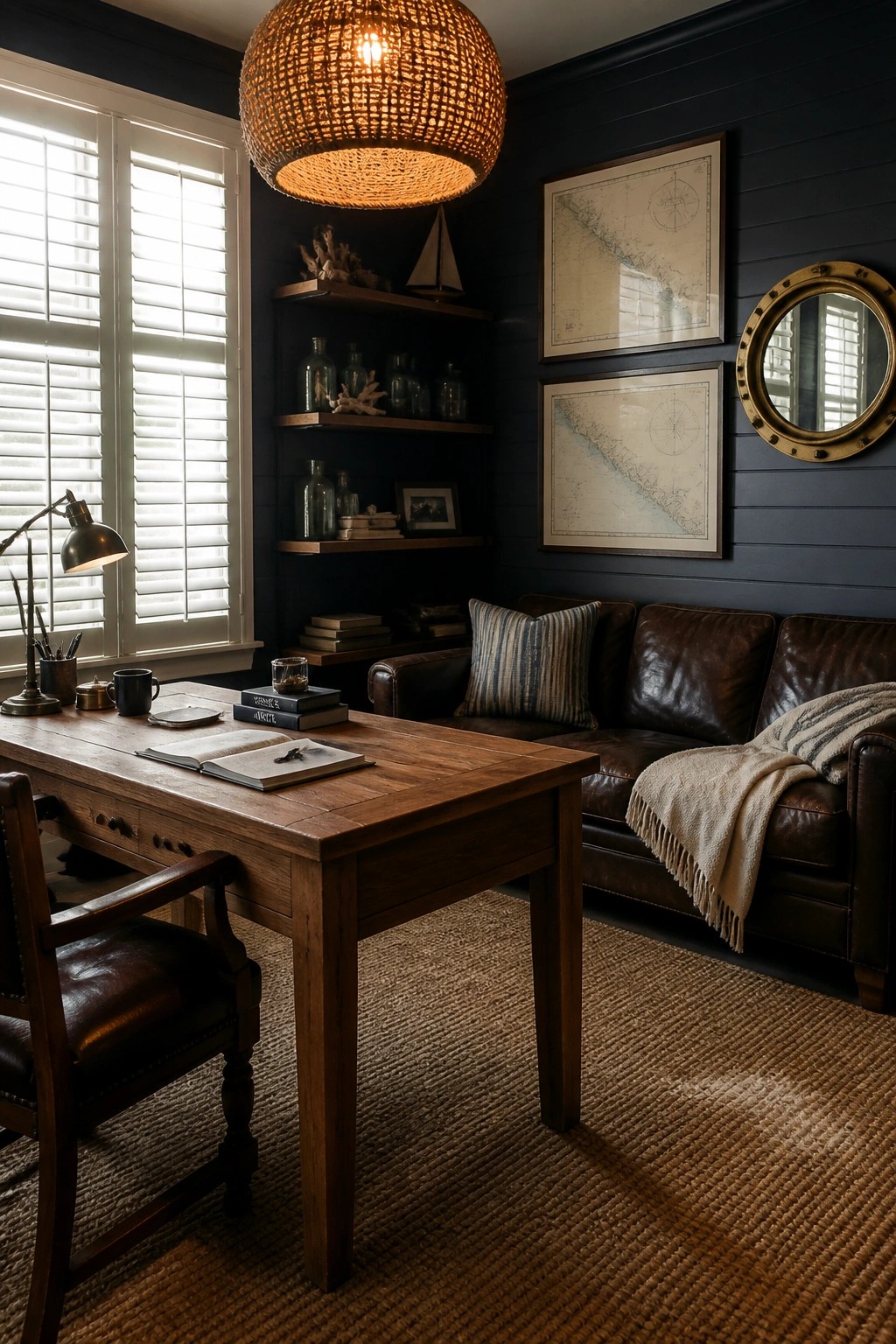A masculine home office with dark navy walls, a wooden desk, leather sofa, and framed nautical maps.