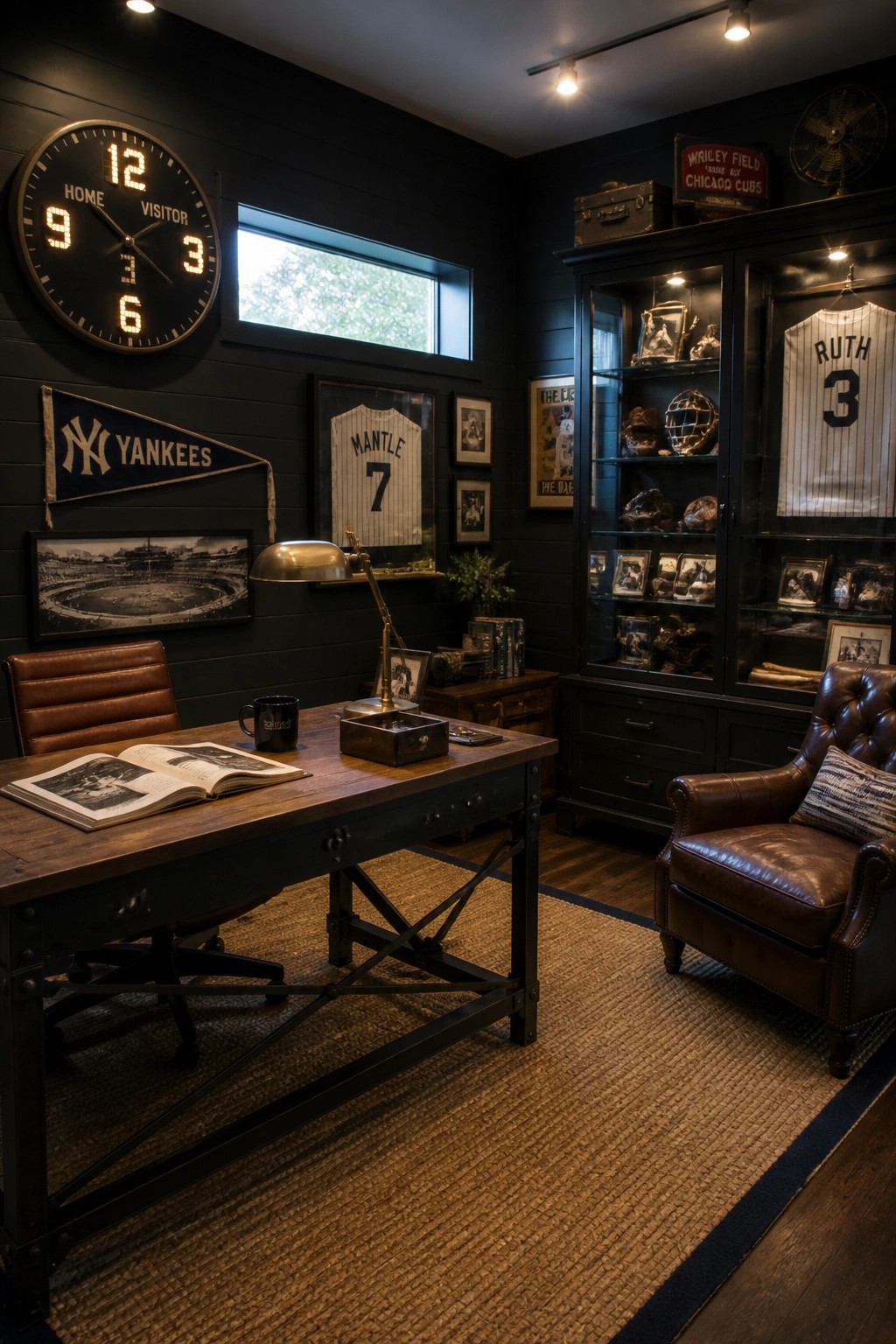 A masculine home office with black walls, a wooden desk, leather seating, and baseball memorabilia displayed throughout the room.