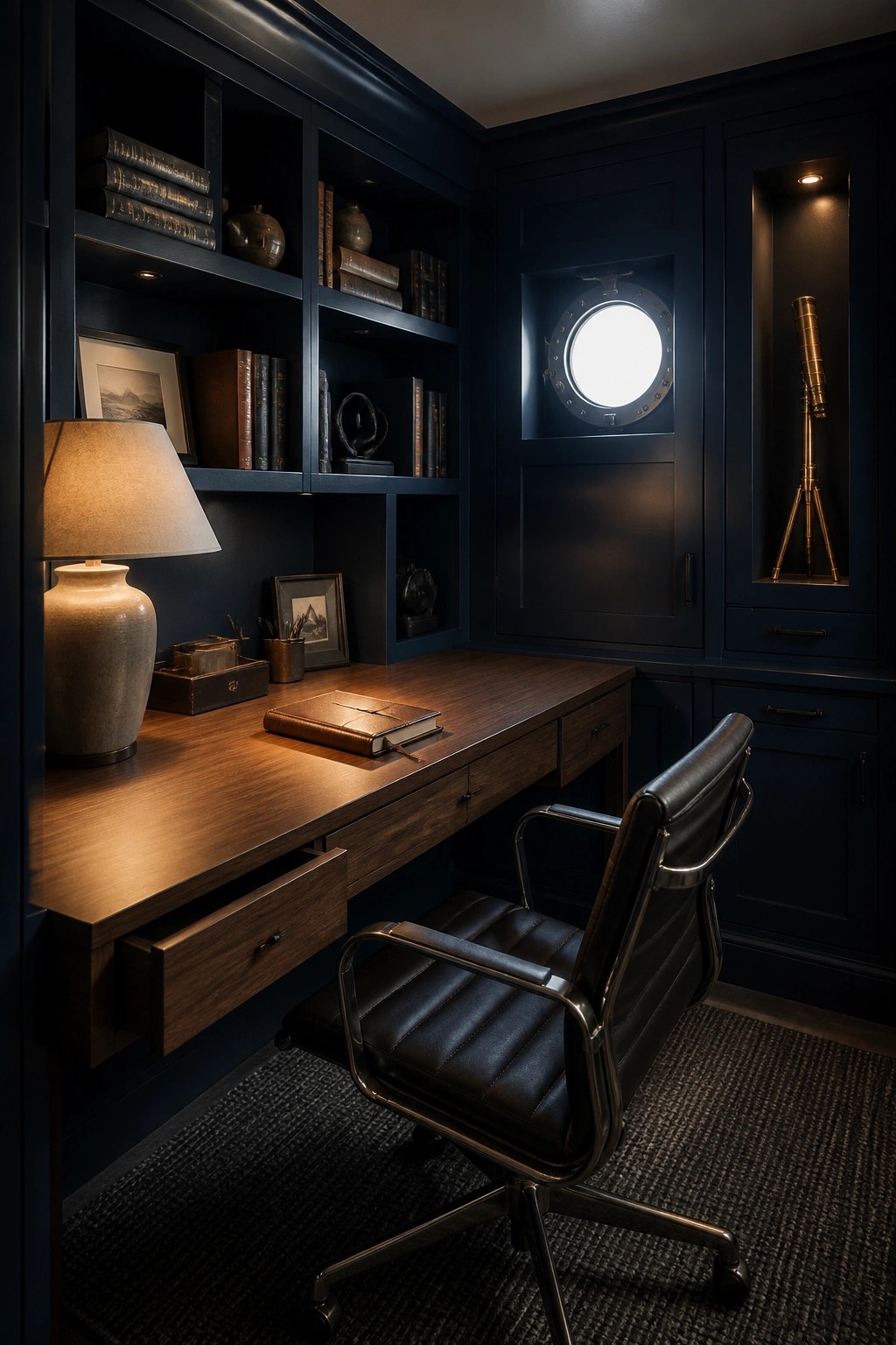 A home office with deep navy built-in cabinetry and shelving, a wooden desk with a leather chair, and a round porthole window.
