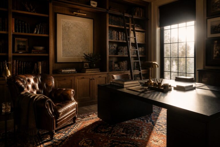 20 Statement Masculine Home Office Ideas That Make a Strong Impression A home office featuring dark wood built-in bookshelves filled with books, a rolling ladder, a leather armchair, and a large desk positioned in front of a window.