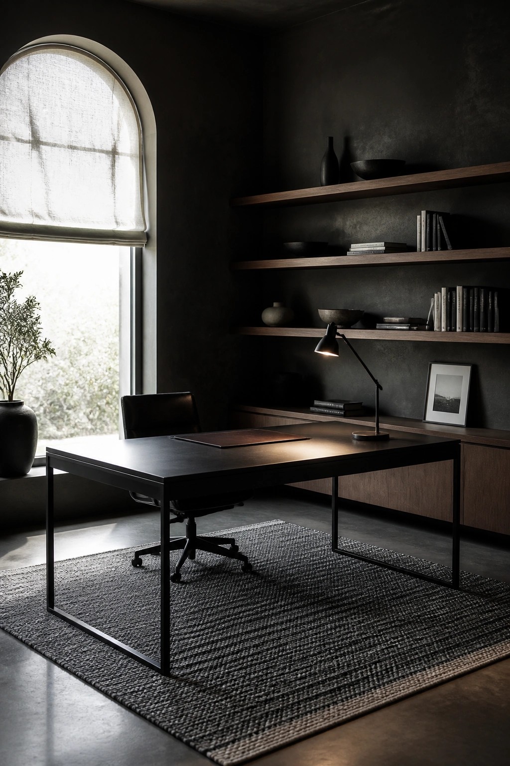 Dark minimalist office with black desk, floating wooden shelves, arched window, and woven rug.