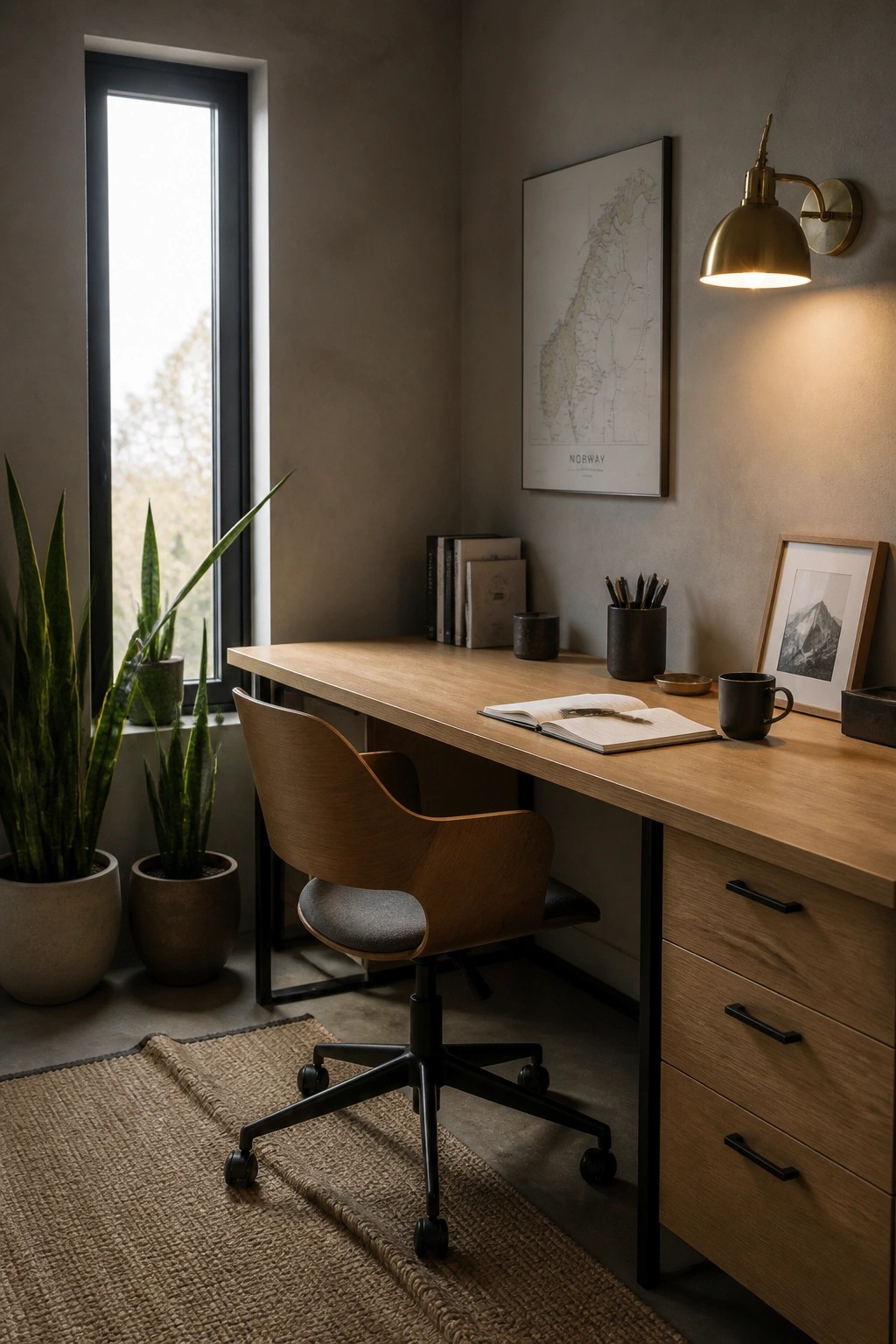 A home office with a light wood desk, wooden swivel chair on a woven rug, open notebook, wall sconce, map of Norway, and potted plants beside a tall window.