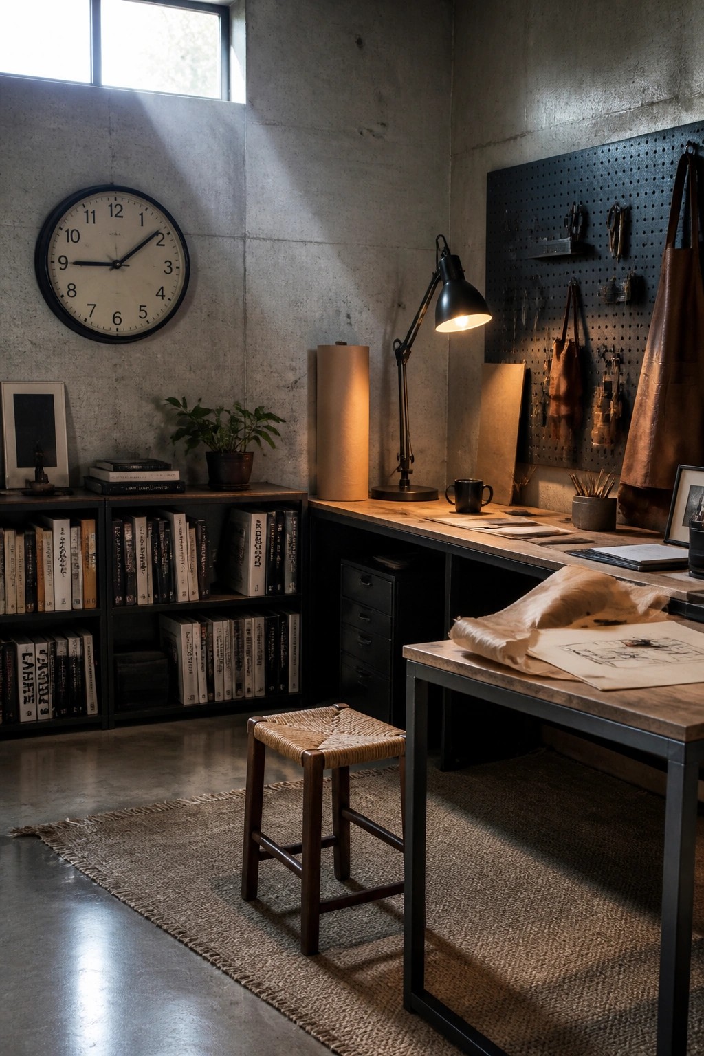 A masculine home office featuring concrete walls, a wooden desk, bookshelves, a black pegboard with tools and aprons, a desk lamp, and a woven stool on a rug.