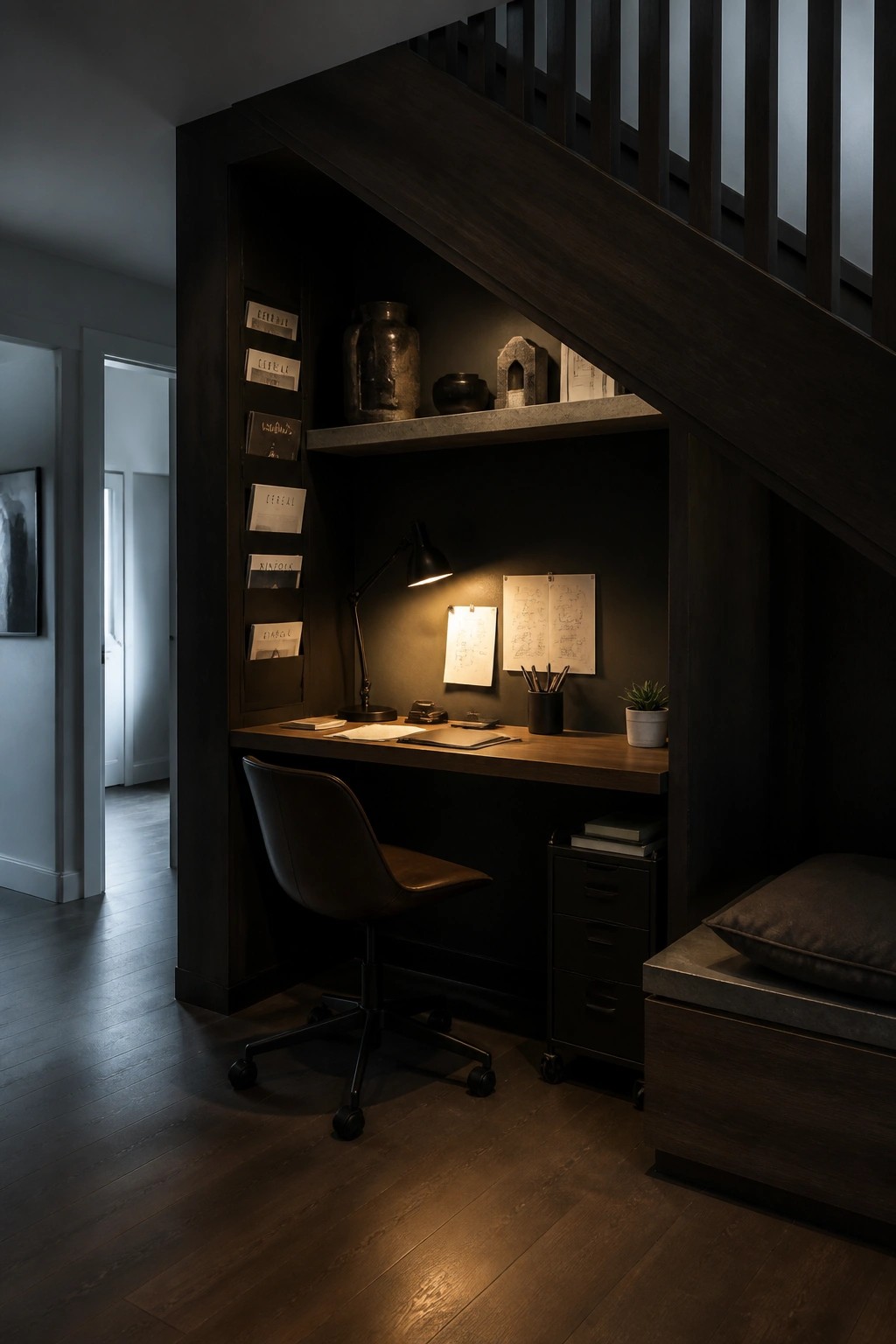 A wooden desk built into the space under a staircase, with a brown office chair, desk lamp, papers, and storage drawers.