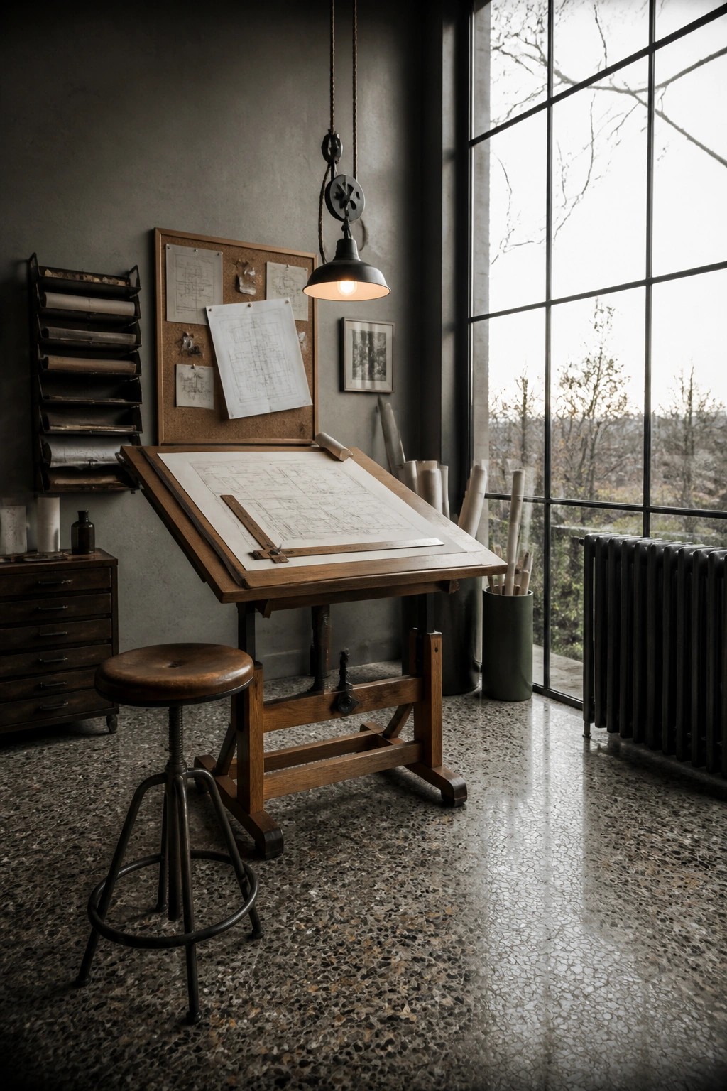 A wooden drafting table with architectural drawings stands in a home office beside a stool, with a corkboard on the wall and a large window nearby.