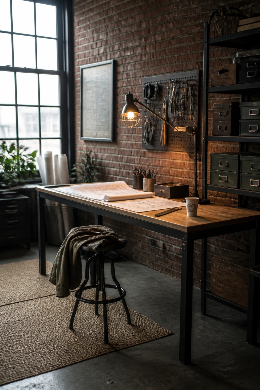 A wooden desk with drawings on top sits in front of a brick wall with a pegboard holding tools and a lit industrial lamp above it.