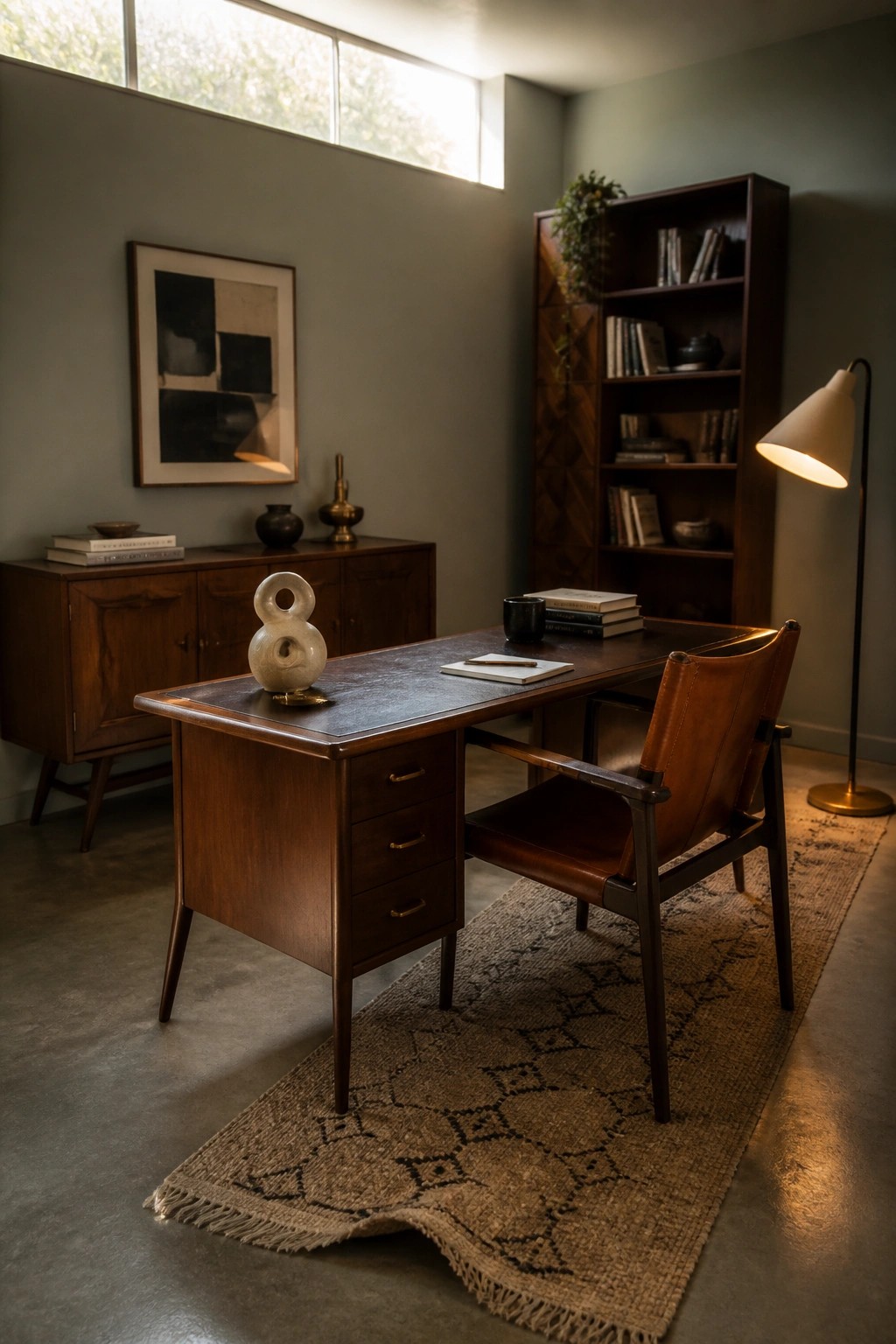A wooden desk with a brown leather chair sits on a patterned rug in a home office with a tall bookshelf and side cabinet.