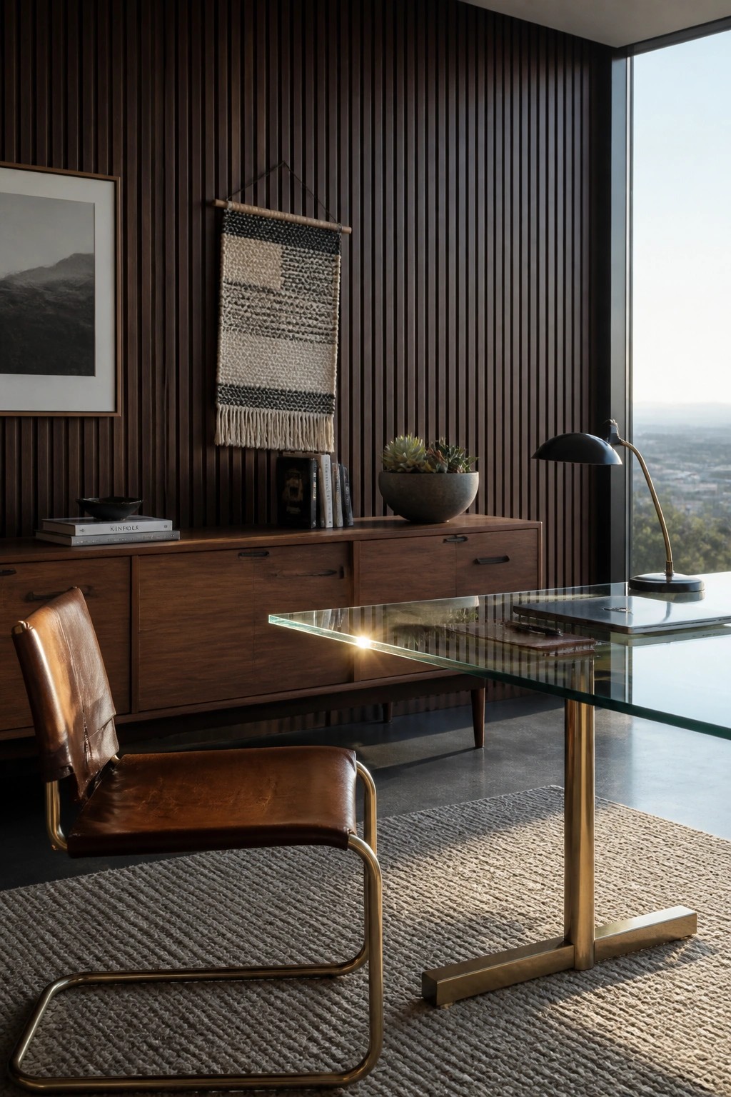 A home office with a glass desk on a brass base, brown leather chair, wooden credenza, and dark vertical wood slat wall.