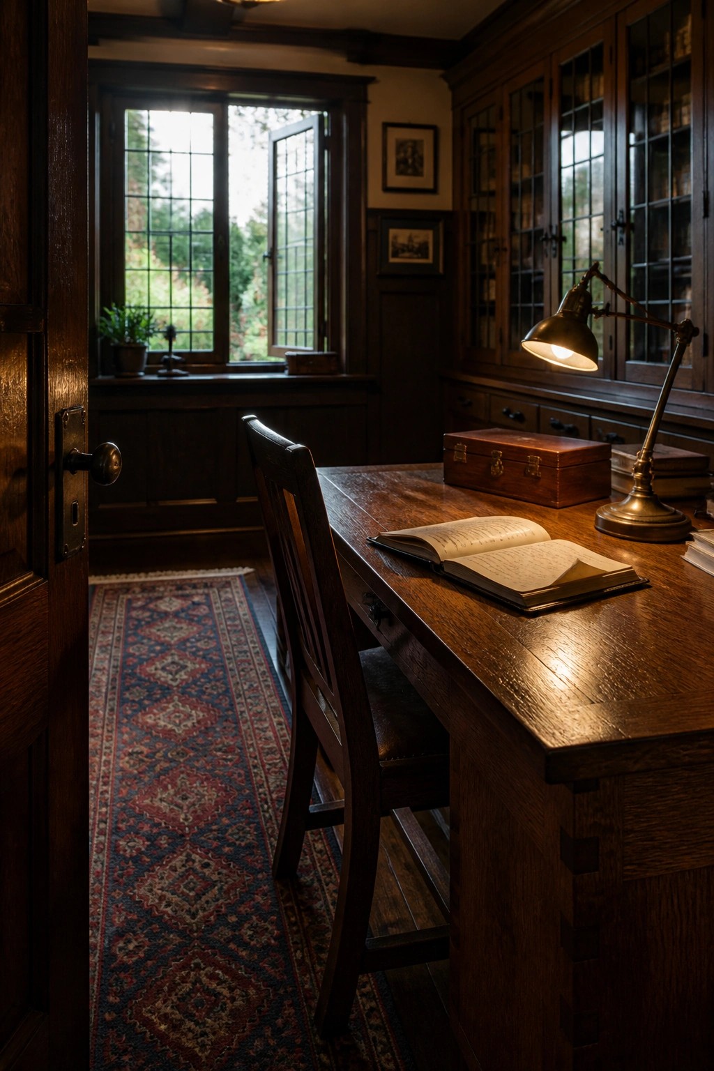 A dark wood desk with an open book and lit brass lamp sits beside a wooden chair in a home office with built-in bookshelves and a large window.