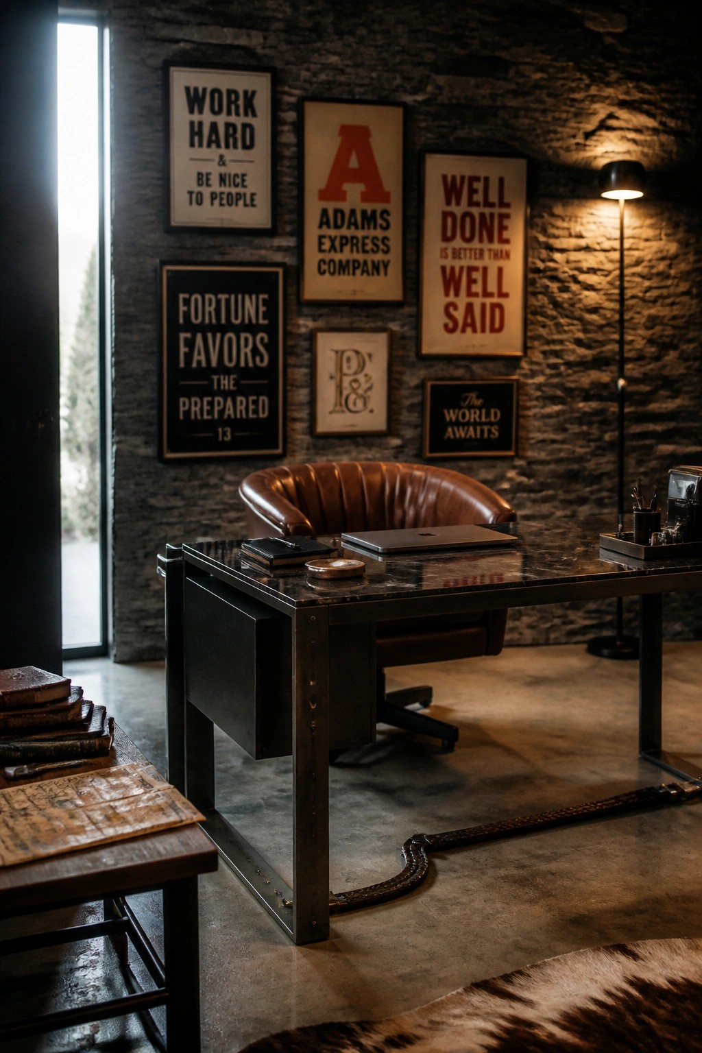 A masculine home office featuring a dark desk, brown leather chair, and several framed signs with bold text mounted on a stone wall.
