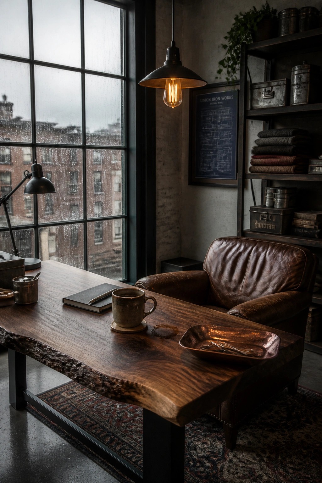 A masculine home office with a live-edge wooden desk, brown leather armchair, pendant light, and large window.