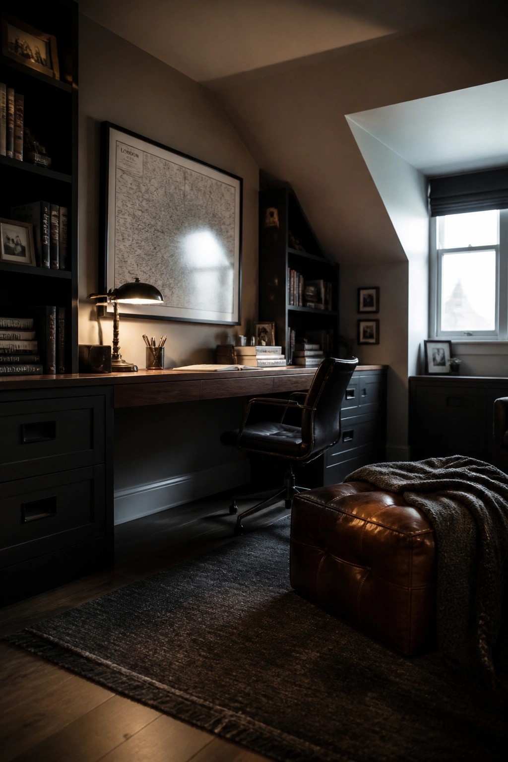 A masculine home office featuring a long wooden desk with built-in dark cabinetry and bookshelves, a black leather office chair, a large framed map above the desk, and a brown leather ottoman on a dark rug.
