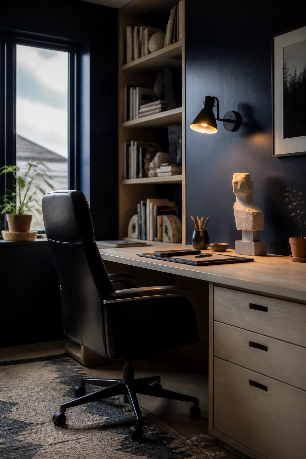 A modern home office featuring a black leather swivel chair at a light wood desk, with built-in shelves holding books and objects on a dark blue wall beside a lit wall sconce.