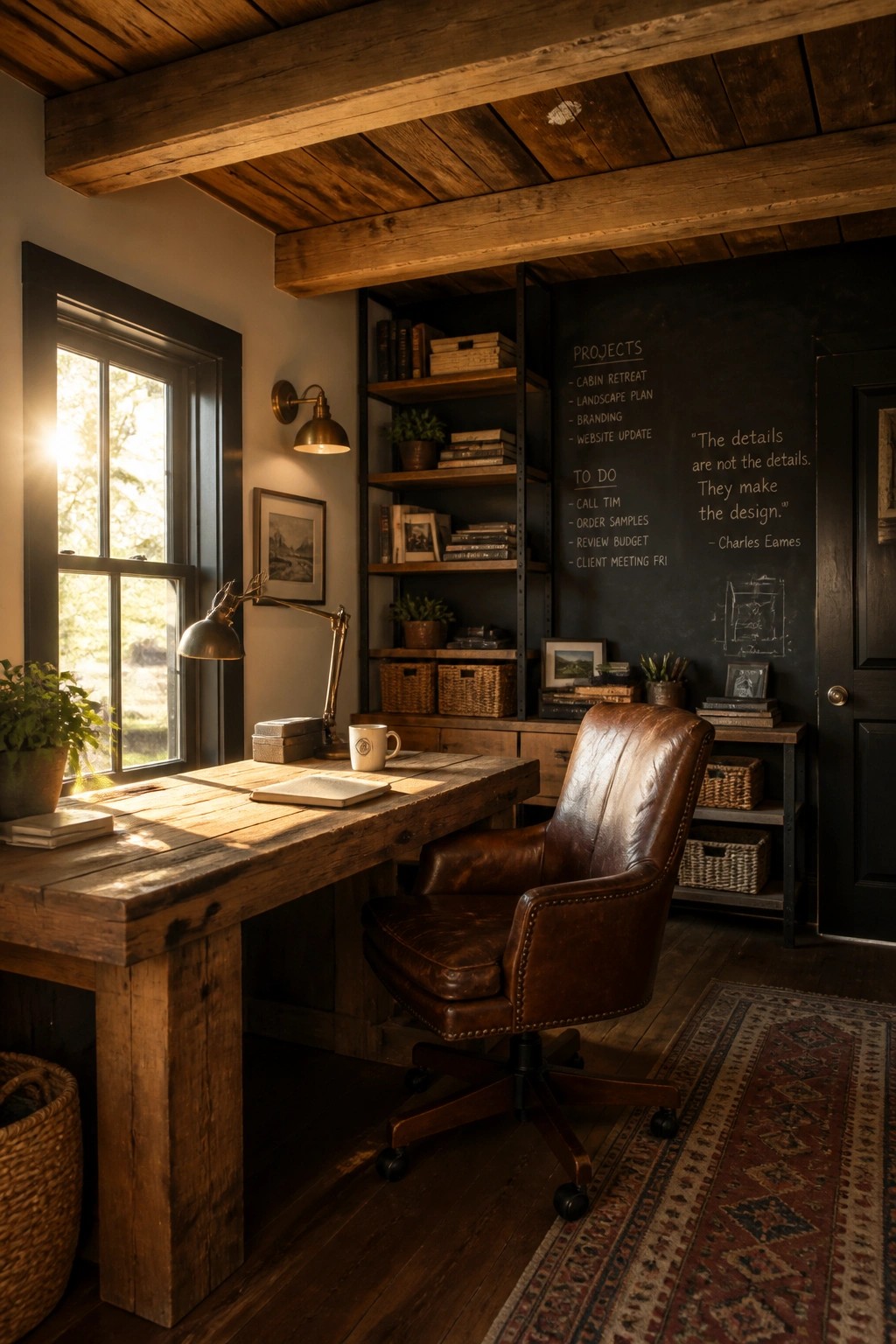 A rustic home office featuring a large reclaimed wood desk, brown leather swivel chair, black chalkboard wall with project lists, and wooden bookshelves.