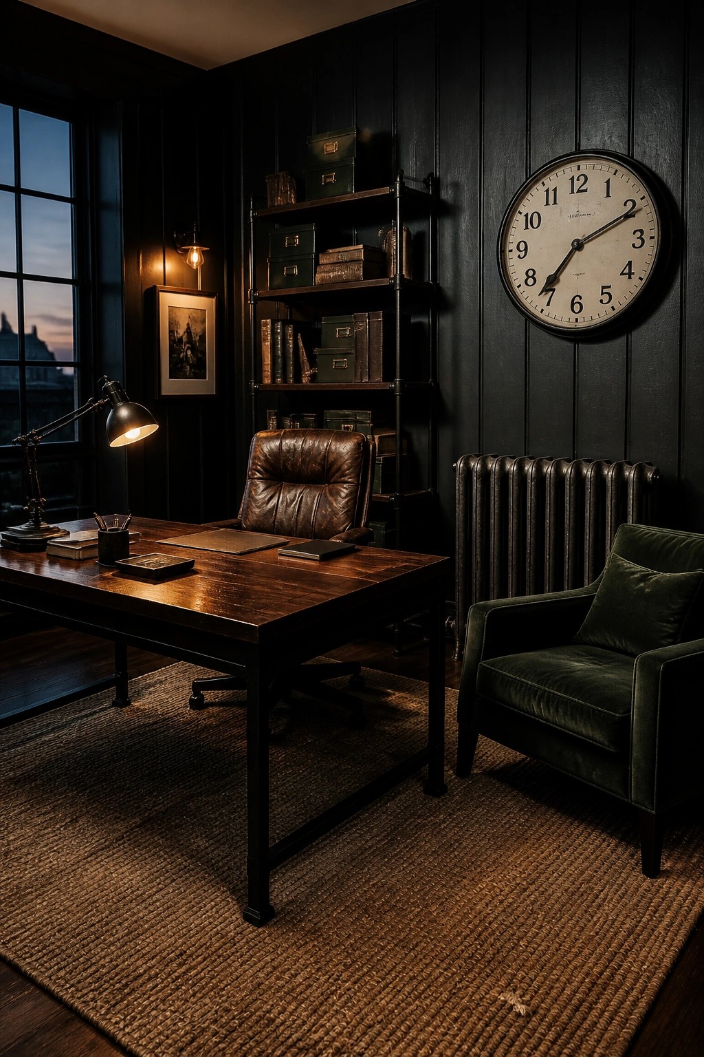 A home office featuring dark vertical wood paneling, a large wooden desk, a brown leather chair, and industrial-style shelving against the back wall.