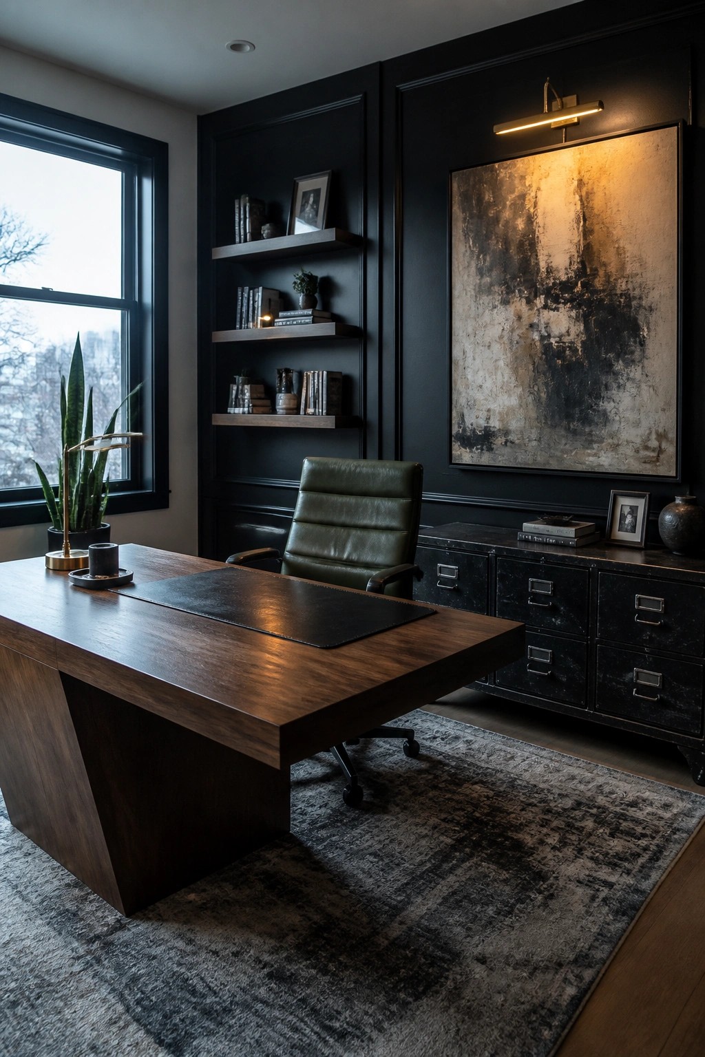 A home office with black walls, floating wooden shelves, a large wooden desk, green leather chair, and a large abstract painting above a black cabinet.