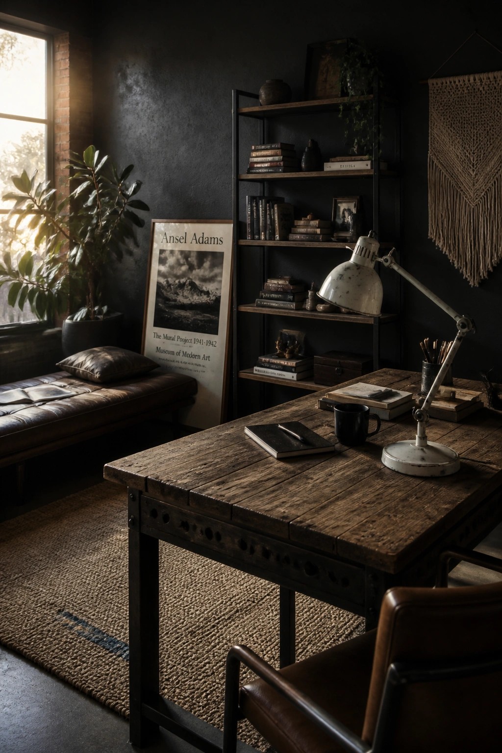 A home office with a large wooden desk, dark walls, leather chair, industrial lamp, and bookshelves.