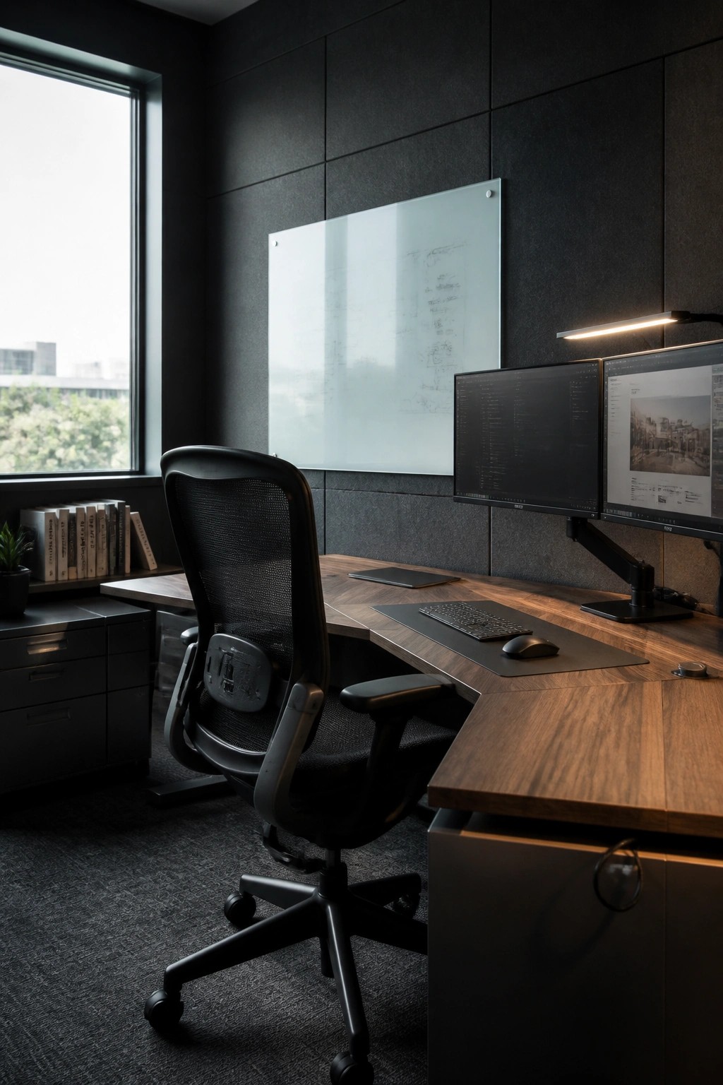 A modern home office with dark walls, a wooden desk, a black ergonomic chair, dual monitors, and a whiteboard mounted on the wall.