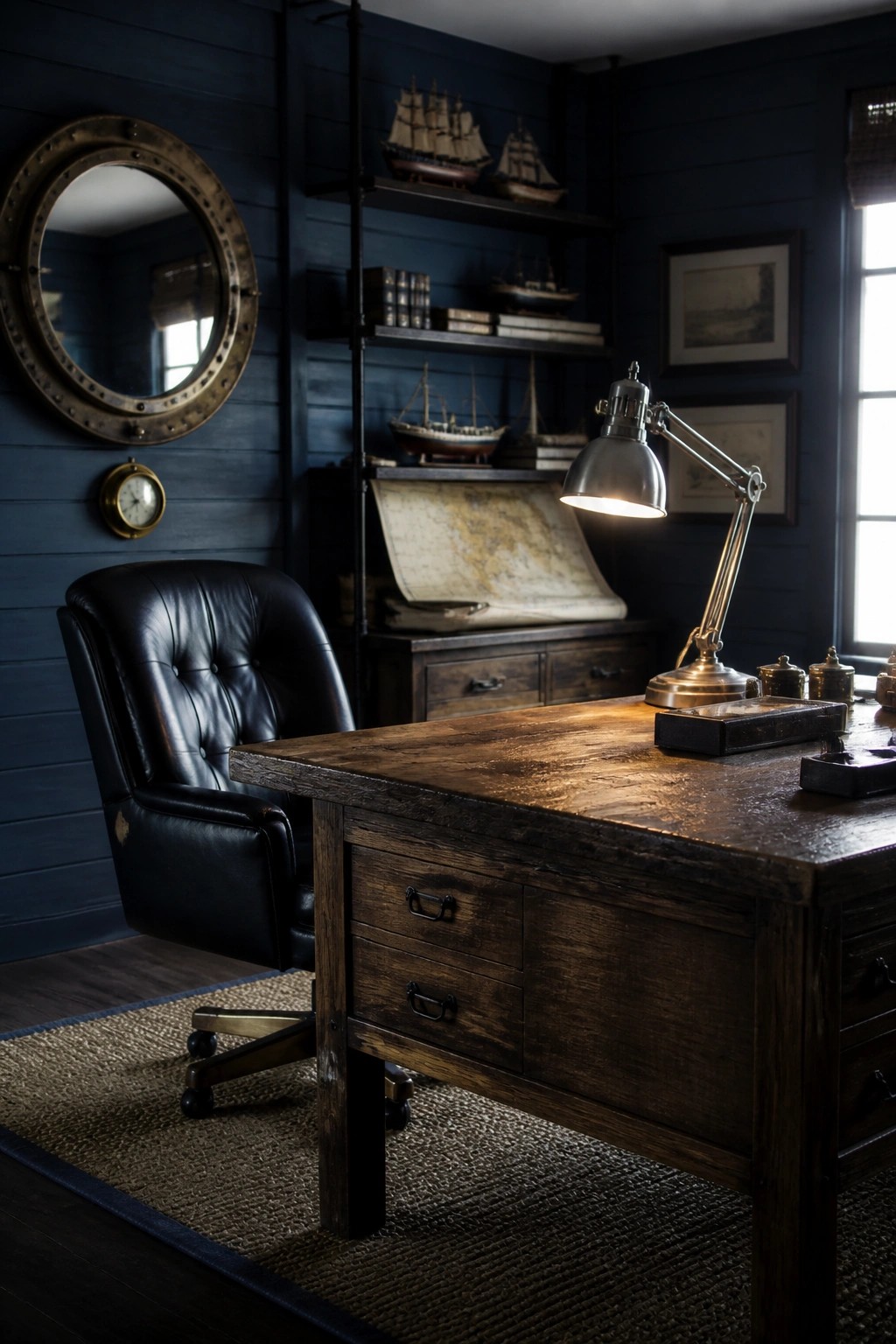 A home office with navy blue walls, a large wooden desk, black leather chair, and a round porthole mirror on the wall.