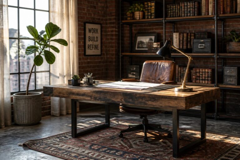 20 Bold Masculine Home Office Ideas That Instantly Elevate Your Workspace A home office with a large wooden desk holding architectural plans, a brown leather swivel chair, a black desk lamp, and industrial shelving against a brick wall.