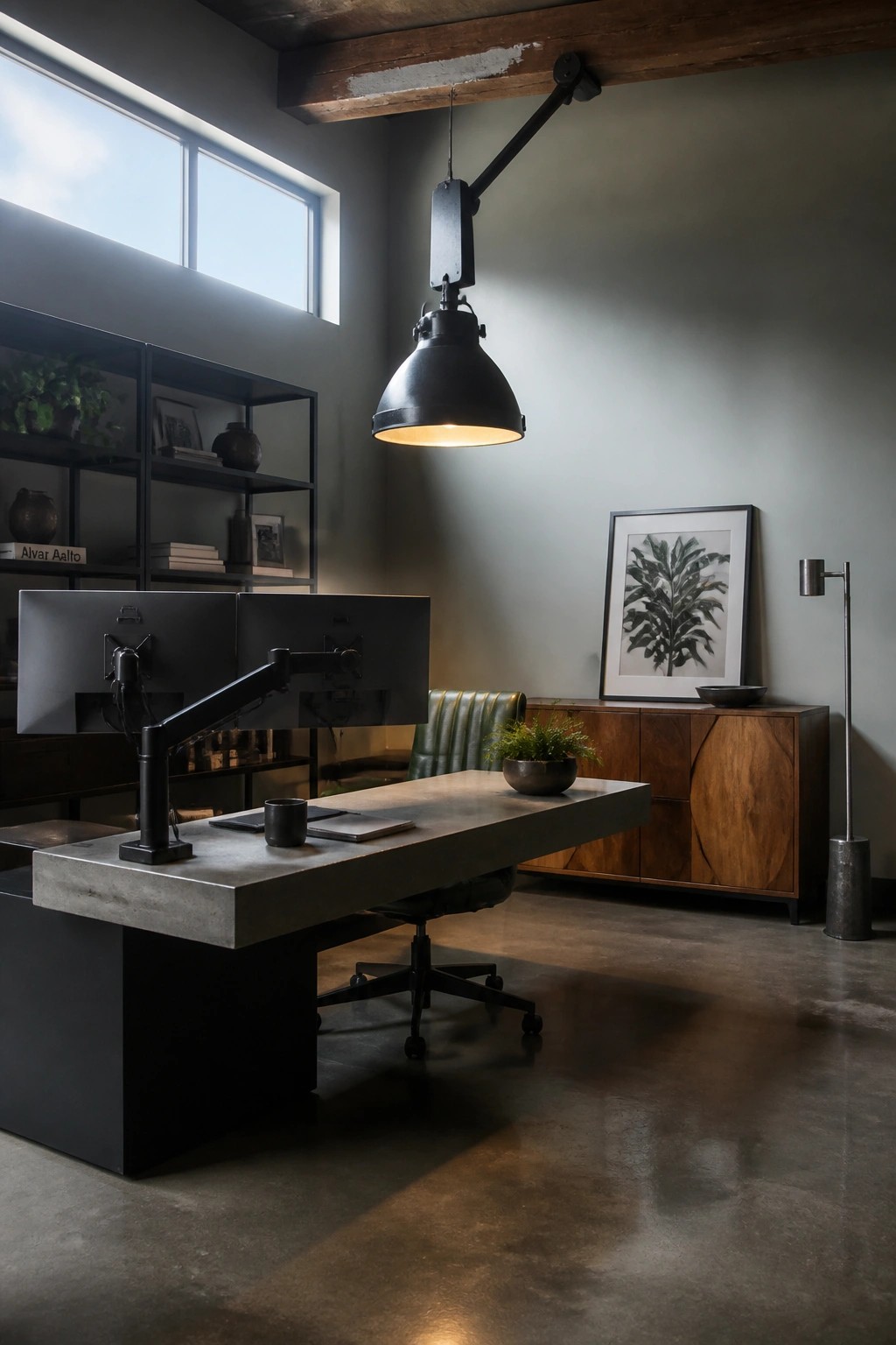 Modern industrial office with concrete desk, dual monitors, green chair, and pendant lamp