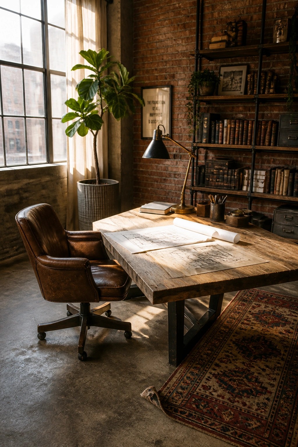 A home office with a large wooden desk holding architectural plans, a brown leather swivel chair, a black desk lamp, and industrial shelving against a brick wall.