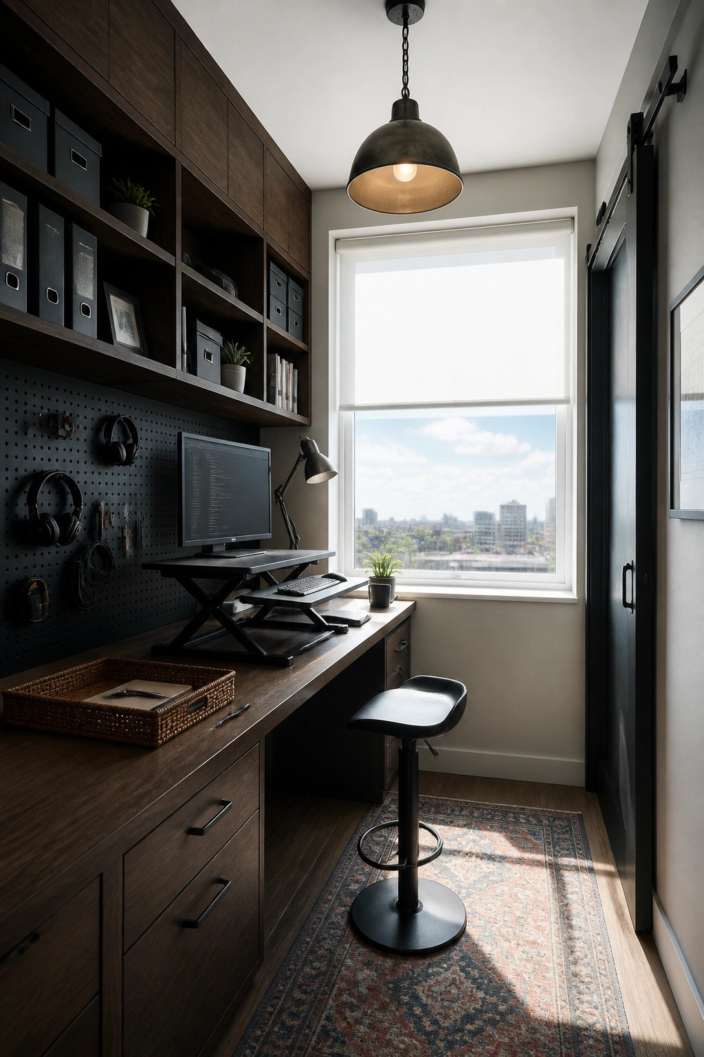 A compact home office with dark wood built-in shelves, a pegboard wall holding headphones and tools, a standing desk, a large window, and a black adjustable stool.