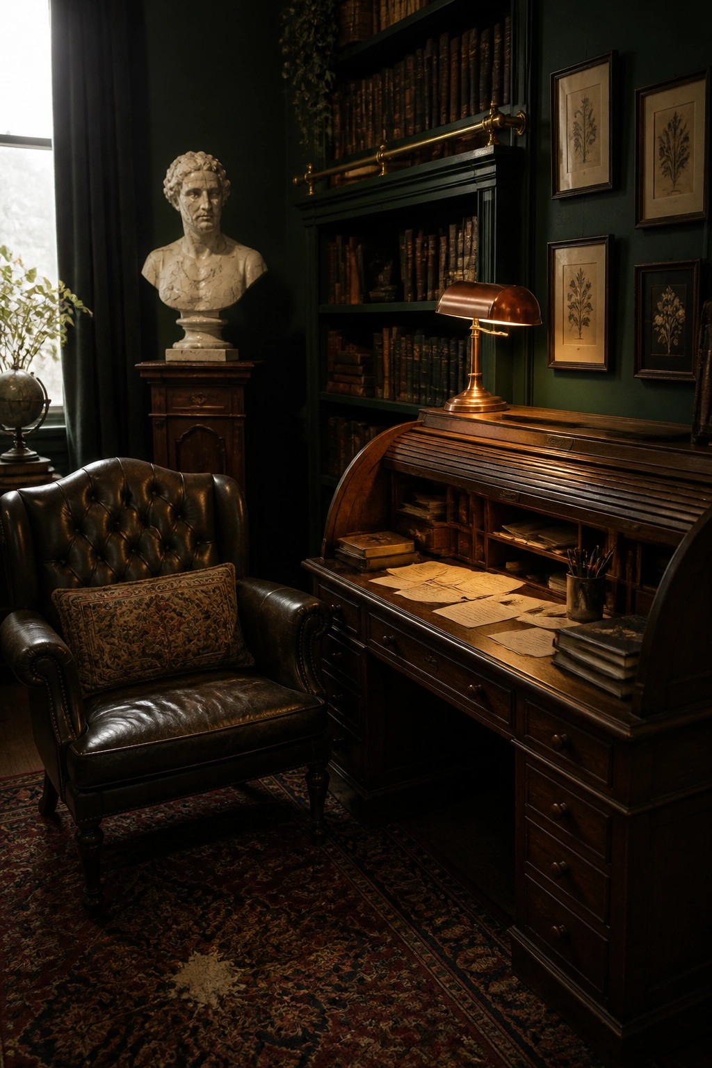 Dark study with leather armchair, roll-top desk, bookshelves, and marble bust.