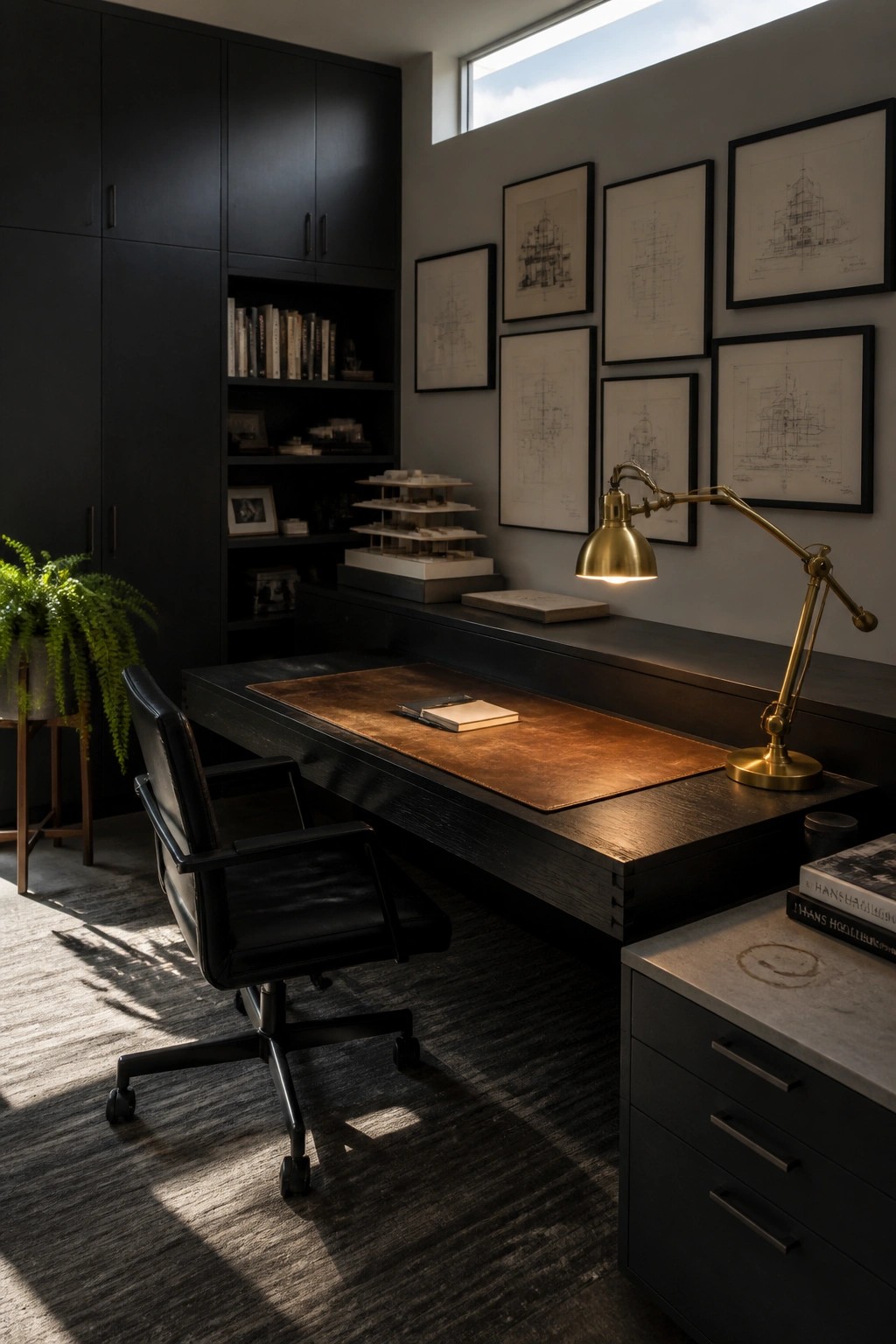 A home office featuring black built-in cabinets, a dark wood desk with a brown leather pad, a black leather office chair, and multiple framed architectural drawings on a gray wall.