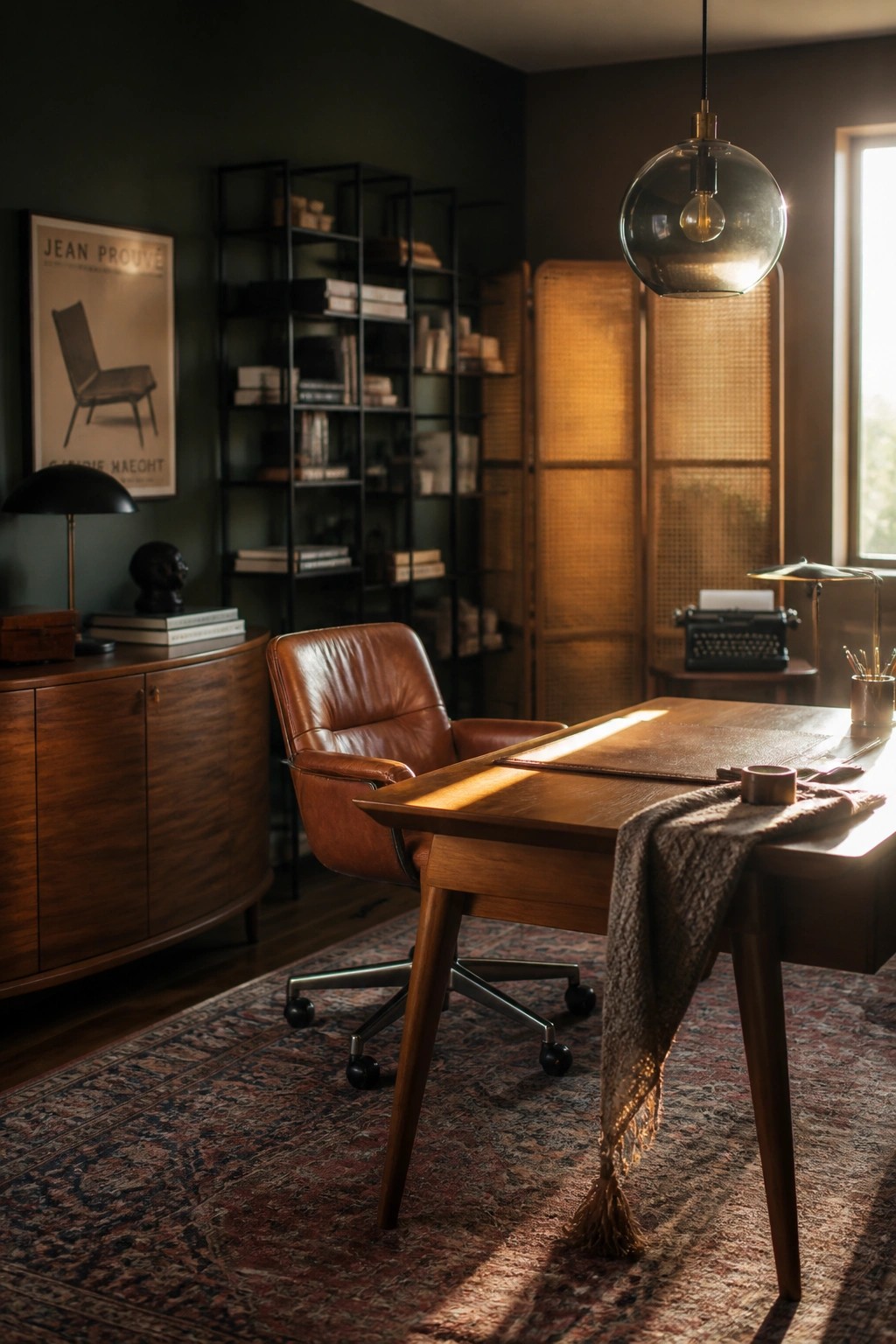 Wooden desk and brown leather chair in sunlit dark green study with bookshelves
